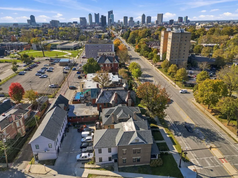 Aerial view west along East Broad Street toward the downtown Columbus skyline